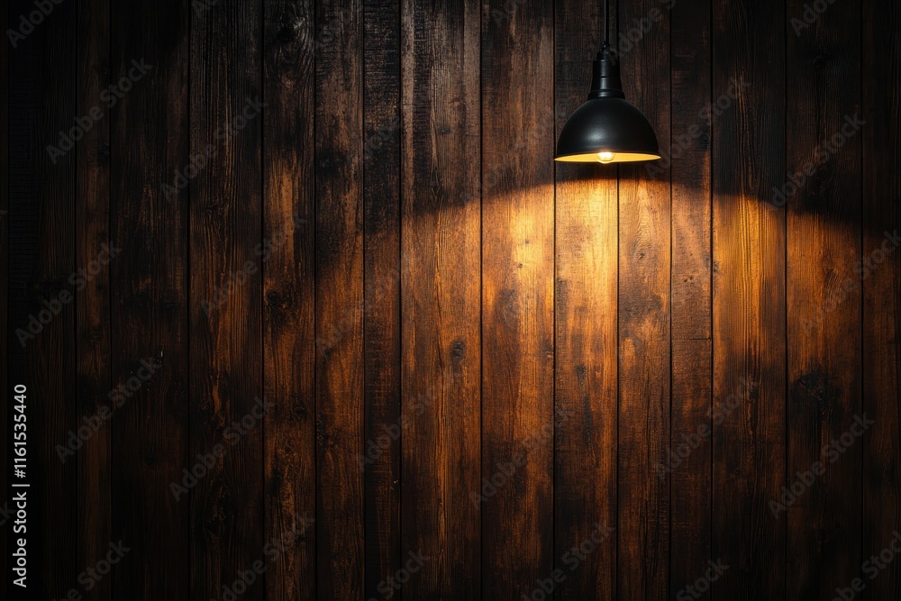 Dark wooden wall illuminated by a hanging lamp. Dark wooden wall illuminated by a hanging lamp.