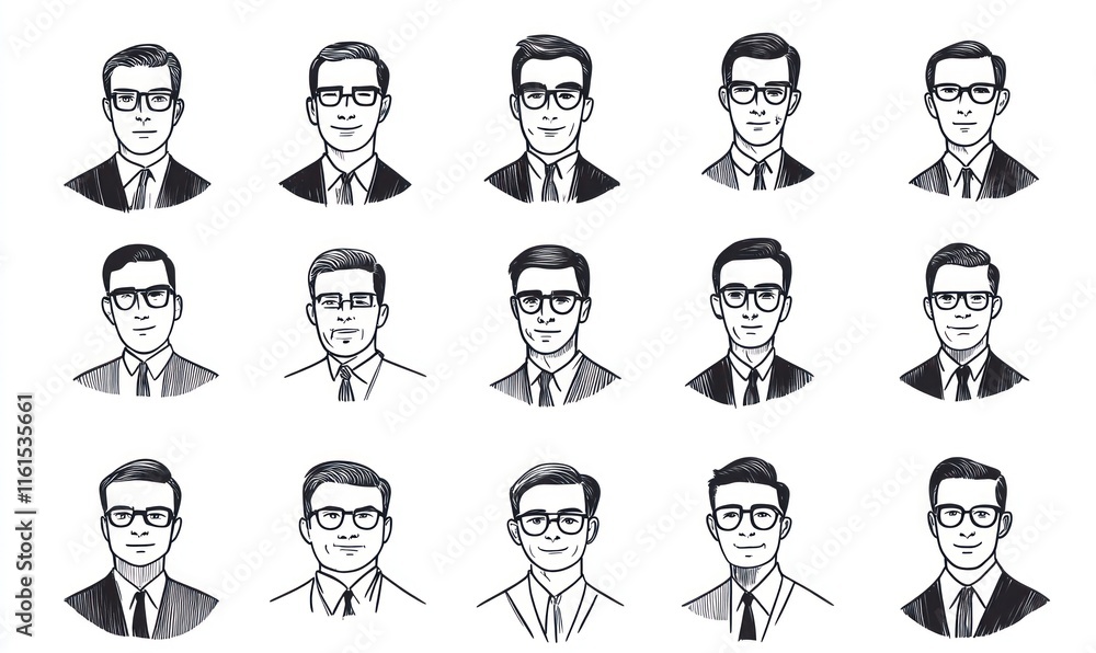 Fifteen monochrome illustrations of men in suits and glasses. Fifteen monochrome illustrations of men in suits and glasses.