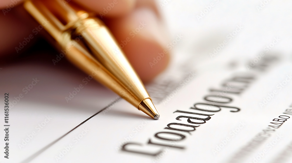 Fototapeta premium close up of hand holding gold pen, signing loan agreement document, conveying sense of commitment and financial responsibility