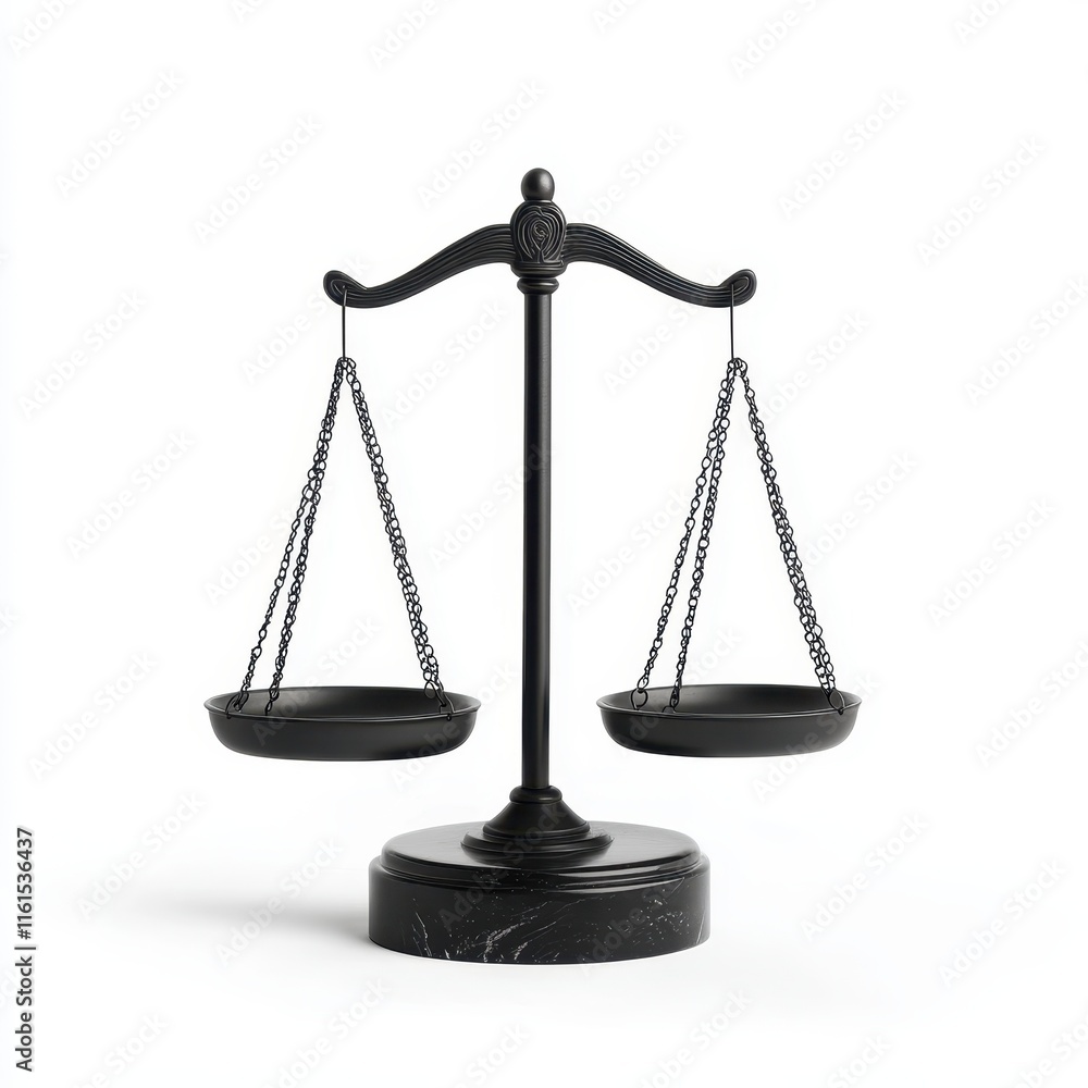 A traditional black balance scale symbolizing justice and fairness, with two weighing pans suspended from a central post.