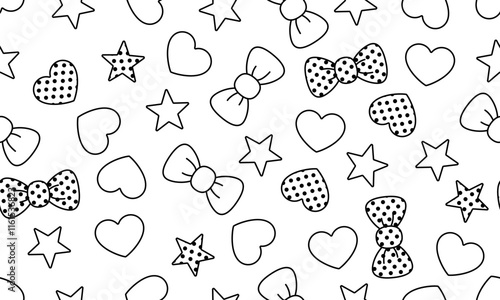 Seamless pattern abstract background vector illustration. Hearts, stars and bows black and white background. Decoration banner themed Lol surprise doll girlish style. Invitation card template