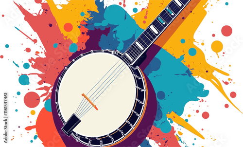 Banjo vector style abstract music illustration isolated on white background. Musical instruments with copy space