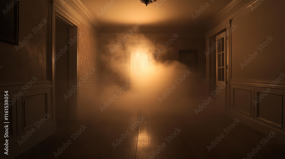 Fototapeta premium Eerie fog rising in dimly lit hallway creates suspenseful atmosphere. soft glow from doorway enhances mysterious ambiance, inviting curiosity and intrigue