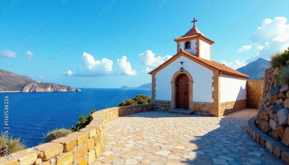 Obraz premium Traditional Ibicencan church with blue sky and Mediterranean , romanesque architecture, blue sky