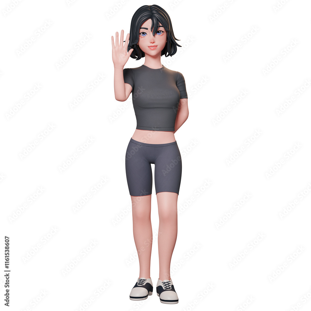 3D illustration of a sporty girl in black.raise her and showing greeting hand gesture using her left hand. waving hand, Cute cartoon style. 3D illustration of a sporty girl in black.raise her and showing greeting hand gesture using her left hand. waving hand, Cute cartoon style.