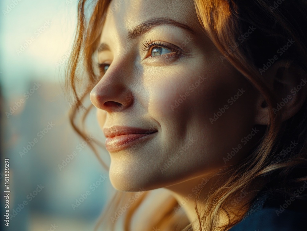 Smiling Woman Looking Out Window Smiling Woman Looking Out Window