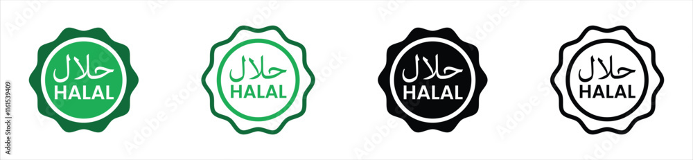 Halal food certified icon set with circular designs in green, black, and white. For food labels, Halal certification, branding, and packaging for Halal food and products. Vector for compliance use. Halal food certified icon set with circular designs in green, black, and white. For food labels, Halal certification, branding, and packaging for Halal food and products. Vector for compliance use.