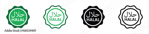 Halal food certified icon set with circular designs in green, black, and white. For food labels, Halal certification, branding, and packaging for Halal food and products. Vector for compliance use.