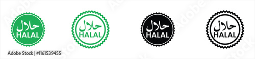 Halal food logo set with jagged-edge circular icons in green and black. For Halal product labels, certification tags, and packaging. Ideal for branding Halal-compliant food, drinks, and products.