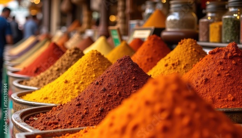 Fototapeta Naklejka Na Ścianę i Meble -  Vibrant spices in mounds displayed at a market with a blurred background, showcasing rich colors and textures
