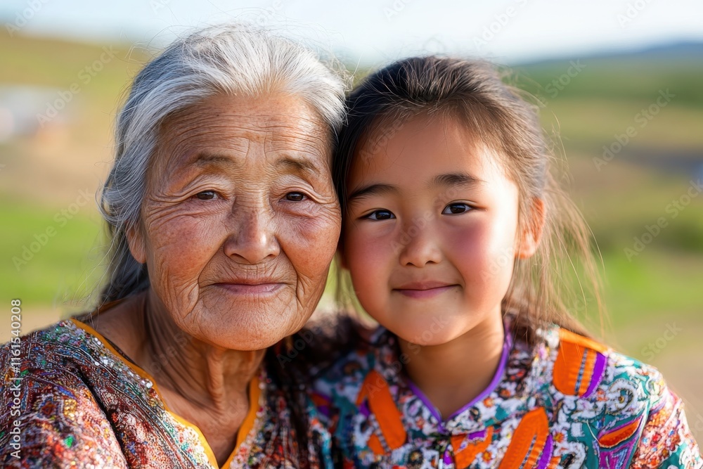 An elderly woman embraces a young girl, showcasing a beautiful bond between generations. Their heartfelt smile reflects love, warmth, and rich cultural heritage. An elderly woman embraces a young girl, showcasing a beautiful bond between generations. Their heartfelt smile reflects love, warmth, and rich cultural heritage.