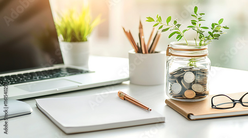 Wallpaper Mural savings jar filled with coins sits on desk beside laptop, notebook, and plant, symbolizing financial planning and growth Torontodigital.ca