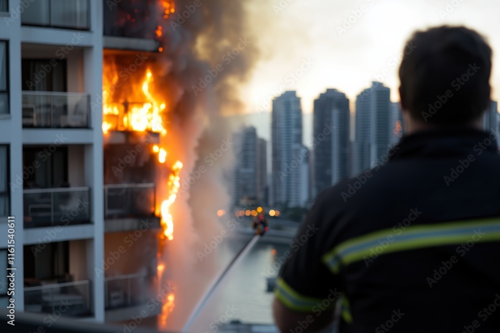 Firefighters skillfully combat a fierce fire engulfing a high-rise building, illustrating their bravery and dedication in urban firefighting emergencies. Firefighters skillfully combat a fierce fire engulfing a high-rise building, illustrating their bravery and dedication in urban firefighting emergencies.