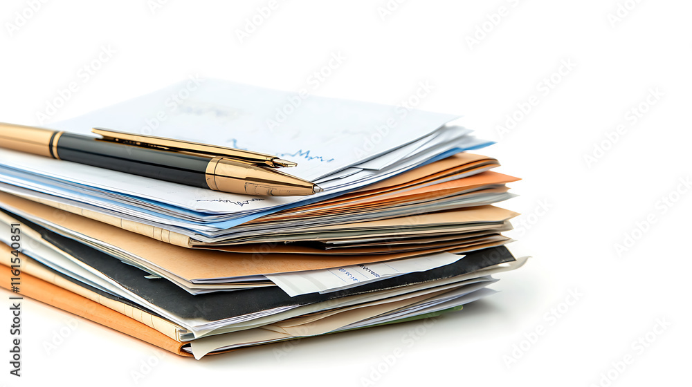 stack of financial documents, reports, and pen on top, symbolizing organization and analysis stack of financial documents, reports, and pen on top, symbolizing organization and analysis