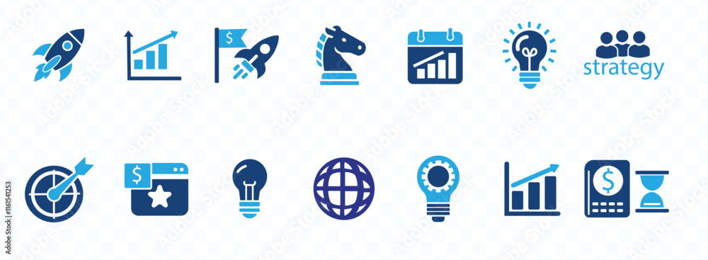 Strategy icon set. Containing goal, tactics, vision, plan, objective, roadmap, problem-solving, mission, solution and execution