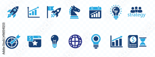 Strategy icon set. Containing goal, tactics, vision, plan, objective, roadmap, problem-solving, mission, solution and execution