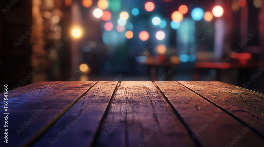 Stylish empty wooden table top surrounded by colorful bokeh lights, creating warm and inviting atmosphere perfect for gatherings or events Stylish empty wooden table top surrounded by colorful bokeh lights, creating warm and inviting atmosphere perfect for gatherings or events