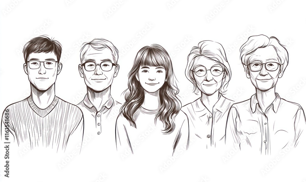 Five sepia-toned illustrations of diverse family members. Five sepia-toned illustrations of diverse family members.