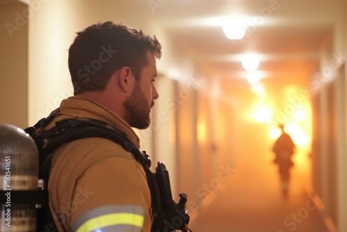 A determined firefighter stands ready to face the challenges of a smoky corridor, embodying courage and commitment in the line of duty to save lives and protect property. photo