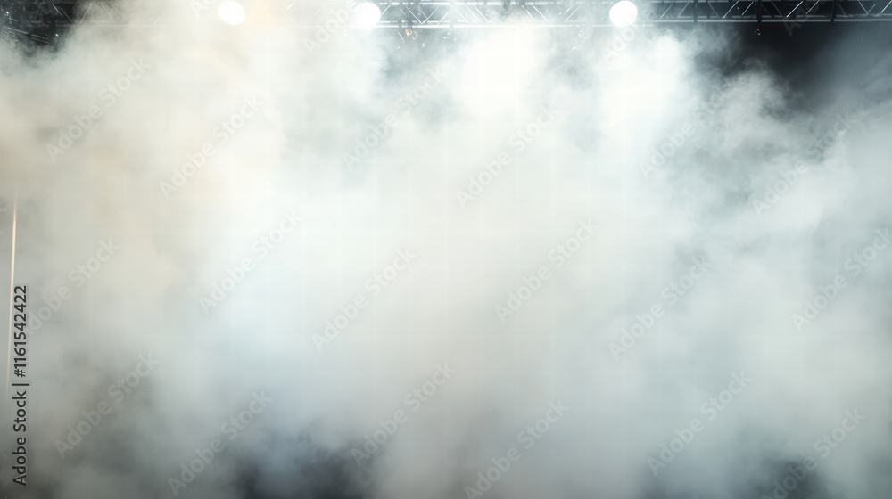 Fototapeta premium Thick white smoke enveloping stage, enhancing visual atmosphere and creating dramatic effect. scene is illuminated by bright stage lights, adding to ambiance