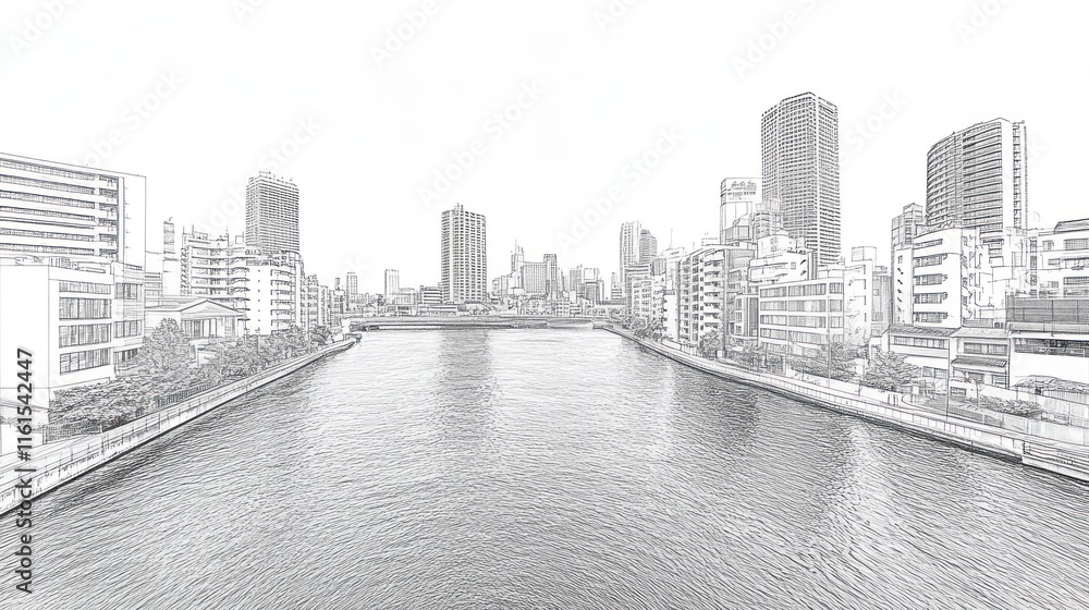Fototapeta premium Sketch of urban cityscape with river.