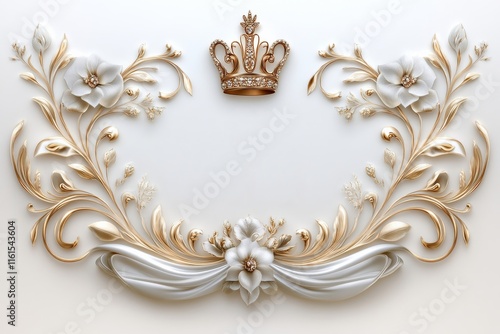 Golden Crown Surrounded by Elegant Floral Ornamentation on White Background. Luxurious Decorative Elements with Detailed Leaves and Flowers. Symbol of Royalty and Prestige. Art Monogram. AI generated photo