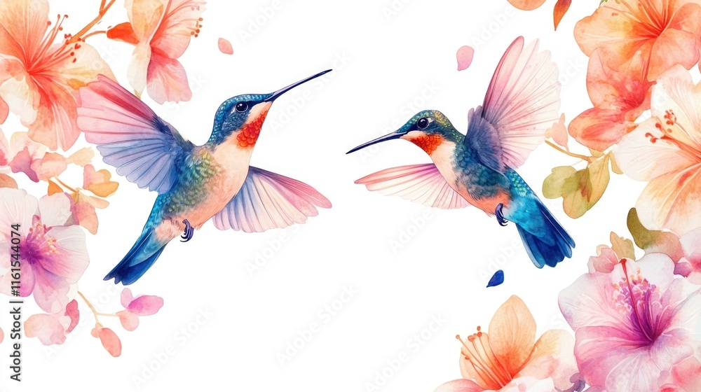 Fototapeta premium Colorful Hummingbirds with Pink and Orange Flowers