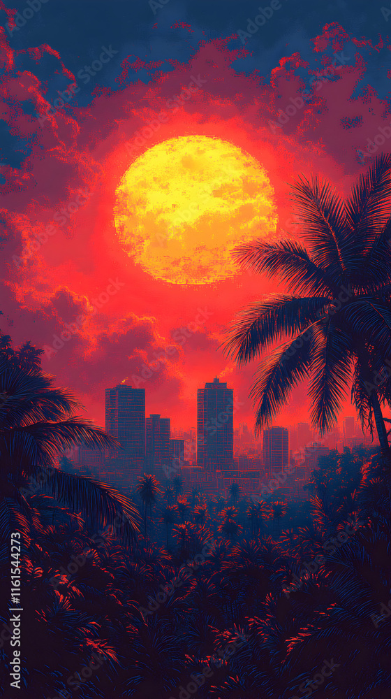 Vibrant Sunset Cityscape Illustration: Tropical Palm Trees Silhouette Against Burning Orange Sky and City Skyline Vibrant Sunset Cityscape Illustration: Tropical Palm Trees Silhouette Against Burning Orange Sky and City Skyline