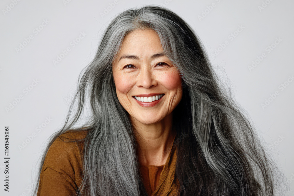 Naklejka premium A beautiful smiling woman with long gray hair is wearing an elegant blouse and standing in front of the camera, with her head slightly tilted to one side as she smiles gently at something offscreen.