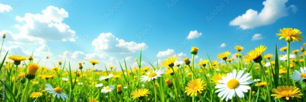 Dandelion field under bright blue sky with a few wispy clouds, sunny, green, fields Dandelion field under bright blue sky with a few wispy clouds, sunny, green, fields