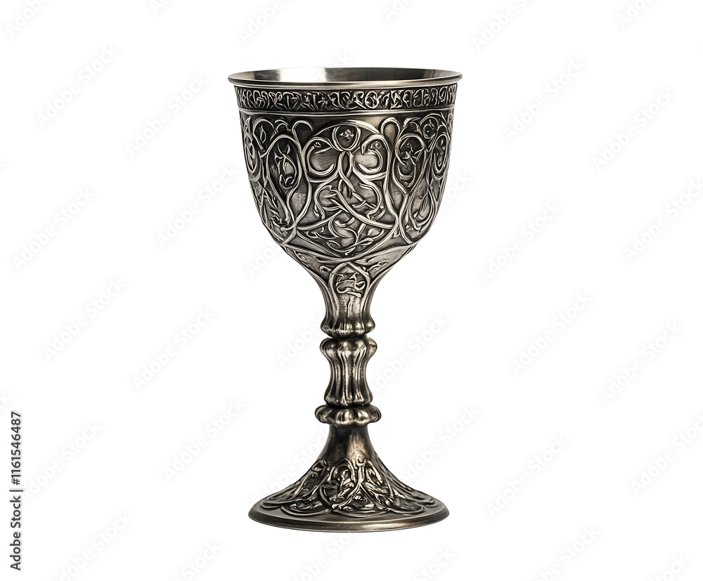 An ornate silver goblet featuring intricate floral and vine designs, showcasing exquisite craftsmanship. Isolated on transparent white background, png An ornate silver goblet featuring intricate floral and vine designs, showcasing exquisite craftsmanship. Isolated on transparent white background, png