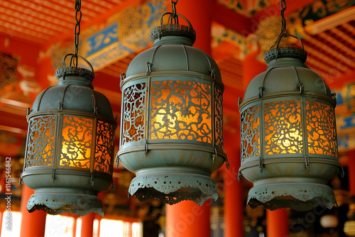 Intricate Asian Style Lanterns Hanging Photo photo