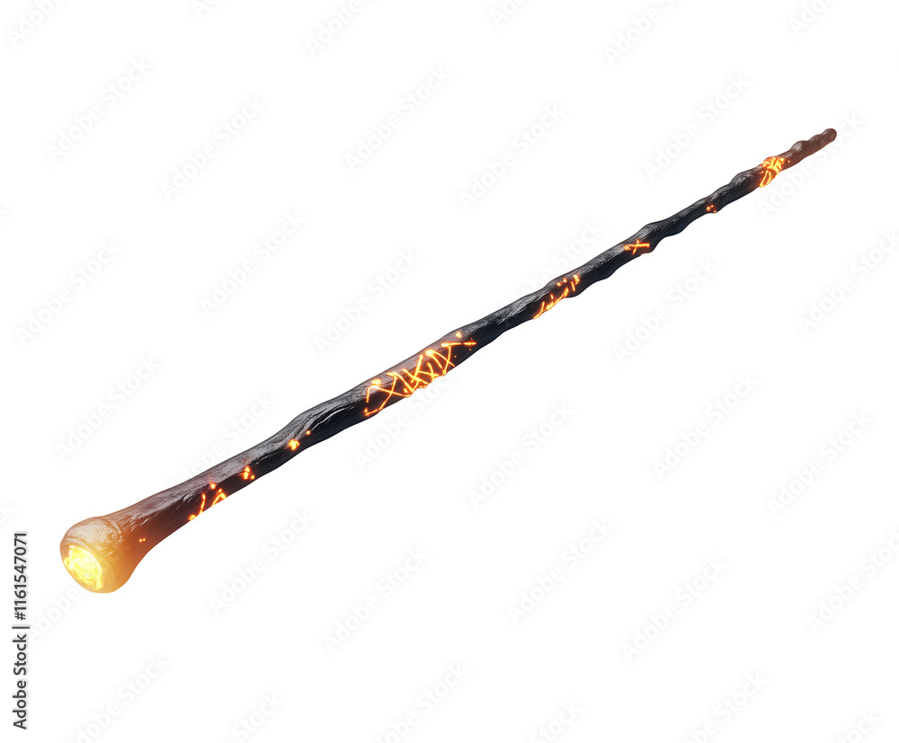 Naklejka premium A mystical wand featuring glowing runes and a fiery tip, ideal for fantasy themes. Isolated on transparent white background, png 