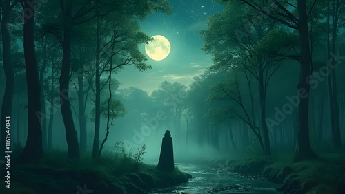 Enchanted Moonlit Forest, Mystical Stream, Silhouetted Figure, Ethereal Night Scene photo