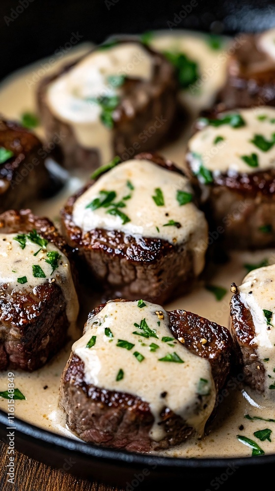 Seared beef medallions topped with a creamy sauce and garnished with fresh parsley, served in a skillet, showcasing a gourmet and indulgent dish perfect for fine dining or steak enthusiasts Seared beef medallions topped with a creamy sauce and garnished with fresh parsley, served in a skillet, showcasing a gourmet and indulgent dish perfect for fine dining or steak enthusiasts