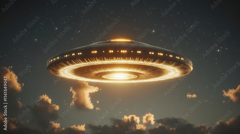Mysterious Alien Spaceship Soaring Through Night Sky Above Clouds and Stars Mysterious Alien Spaceship Soaring Through Night Sky Above Clouds and Stars