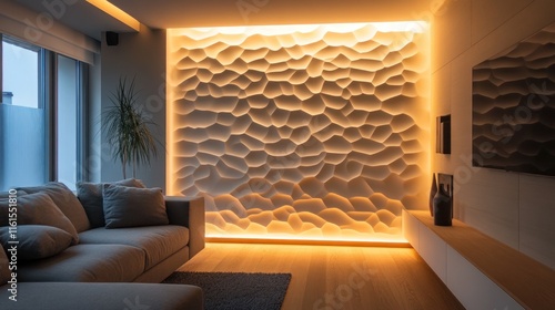 Fototapeta Naklejka Na Ścianę i Meble -  Modern living room with textured 3D wall panel and warm LED lighting.