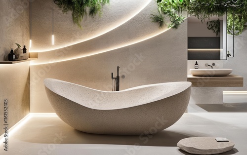 Levanto bathroom with textured walls and glowing resin tub