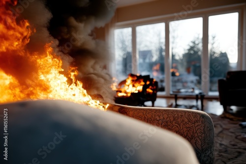 An intense capture of a living room filled with raging flames and engulfing smoke, reflecting the stark reality of fire hazards and the emotions tied to loss and chaos. photo