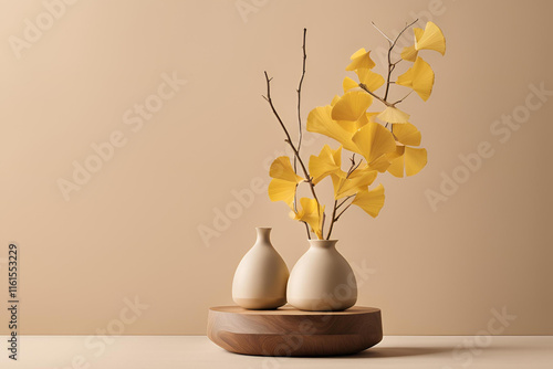 Yellow Ginkgo Leaves in Wooden Vase on Minimalist Table, Elegant yellow ginkgo leaves in a cylindrical wooden vase placed on a neutral wooden surface with a beige background
