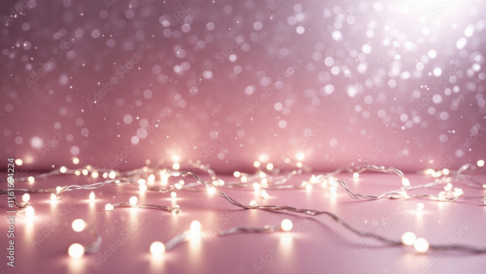 Obraz premium Cold gold dust particles flying in the air lingering slowly. Bokeh gold lights on metalic pink background. Valentin Holiday festive magical backdrop. Copy space