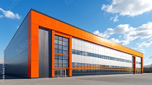 Spacious Warehouse Facility with Orange Accents and Contemporary Architectural Style : Generative AI