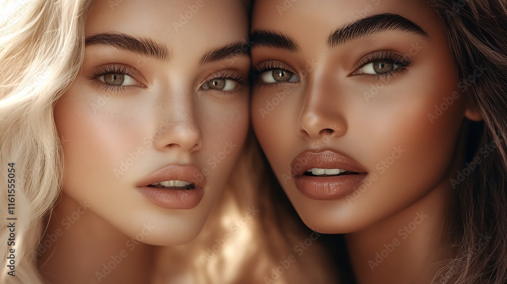 Close-Up Portrait Of Two Models With Natural Makeup And Flawless Skin Highlighting Beauty And Diversity : Generative AI Close-Up Portrait Of Two Models With Natural Makeup And Flawless Skin Highlighting Beauty And Diversity : Generative AI