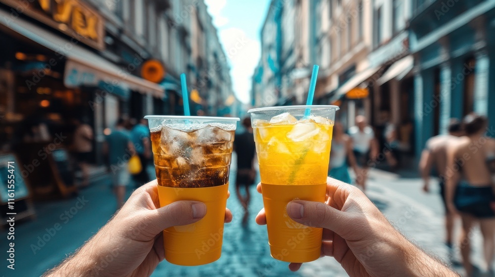 Two iced drinks held in hands on a city street. Two iced drinks held in hands on a city street.