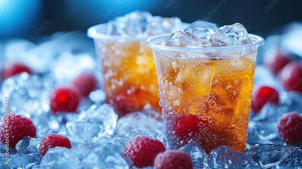 Two iced raspberry drinks in plastic cups.