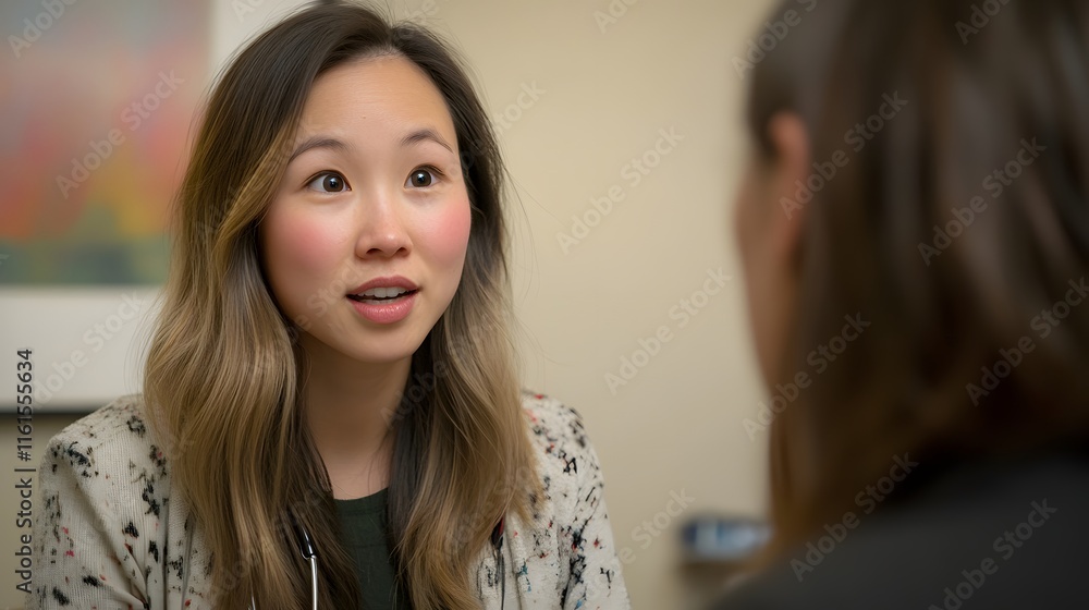 A young Asian woman with long brown hair is engaged in a conversation, her expression is one of attentiveness and engagement.