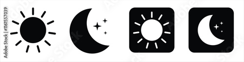 Vector day and night switch icons featuring sun and moon designs for light and dark mode. Minimal UI elements for mobile app interface, gadget applications, and brightness control concepts.