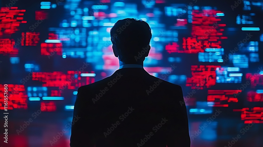 Man Staring at High-Tech Digital Screen with Innovative Red and Blue Display : Generative AI Man Staring at High-Tech Digital Screen with Innovative Red and Blue Display : Generative AI