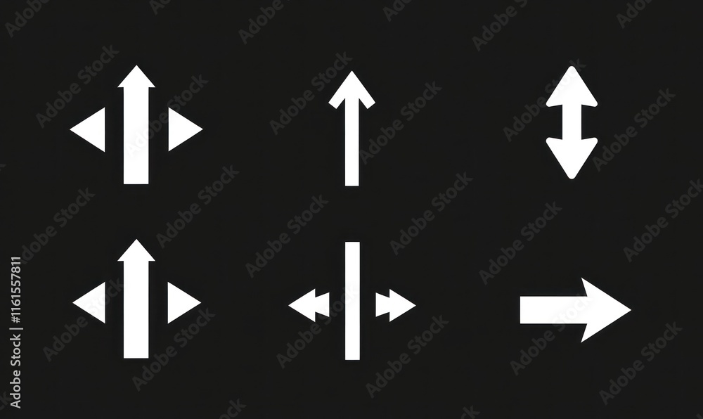 Collection of simple white arrows on black background. Collection of simple white arrows on black background.
