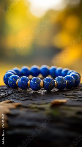 Stylish Blue Beaded Bracelet on Weathered Wood with Autumn Foliage in Background : Generative AI photo